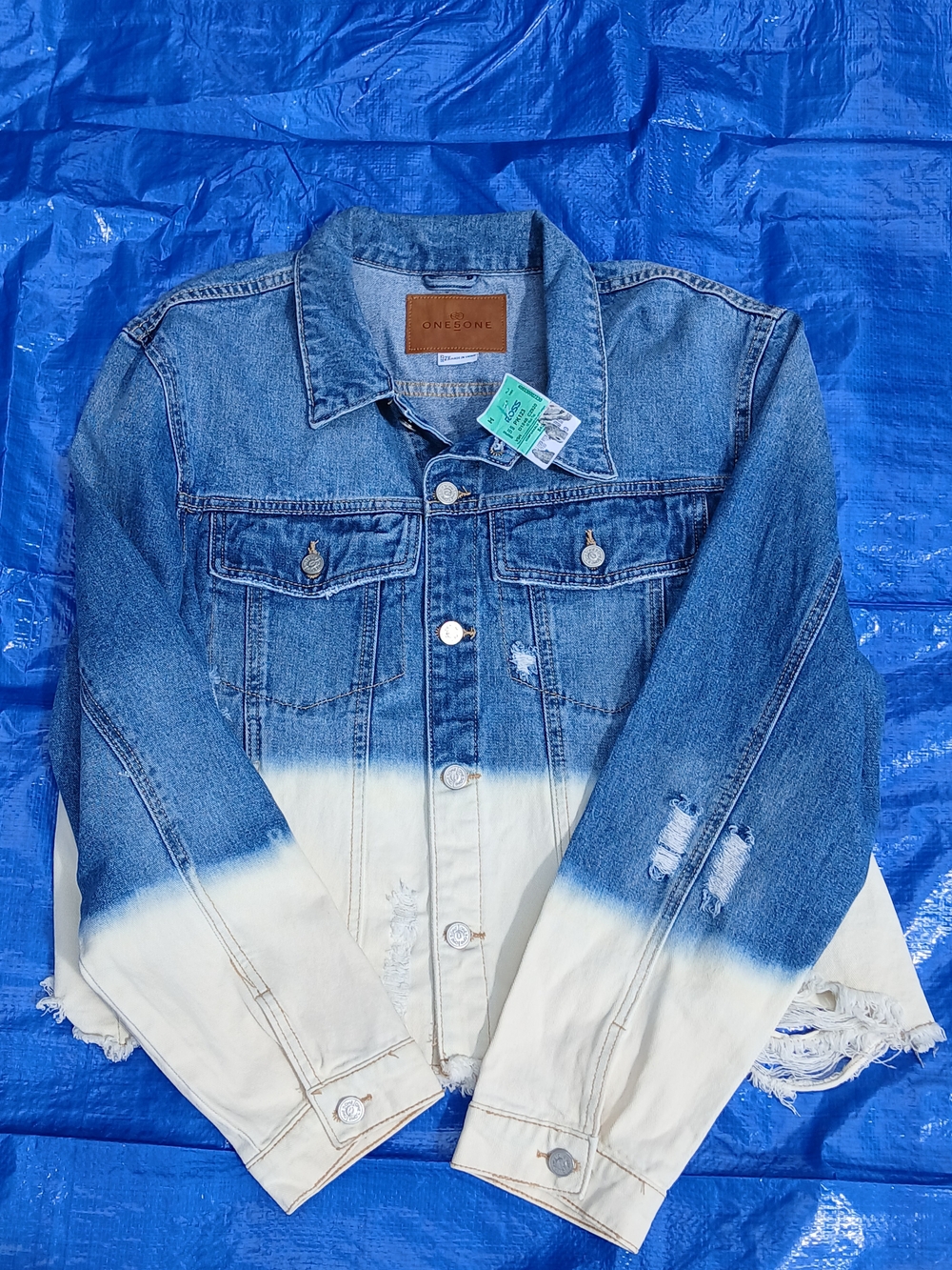 one 5 one Two-Tone Blue & Cream Denim Destressed Jacket. #destresseddenim